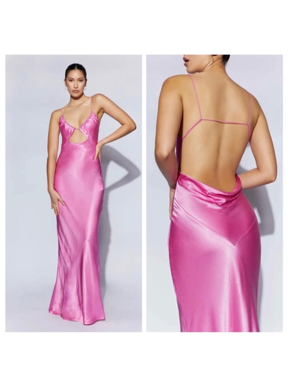 Meshki Pink Satin Backless Slip Dress with Front Cutout